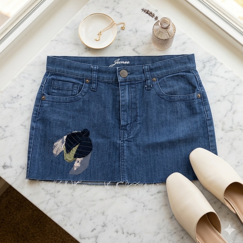 Junee Blue Denim Stretch Patch Hem Mini Skirt Size Small S Y2K Festival